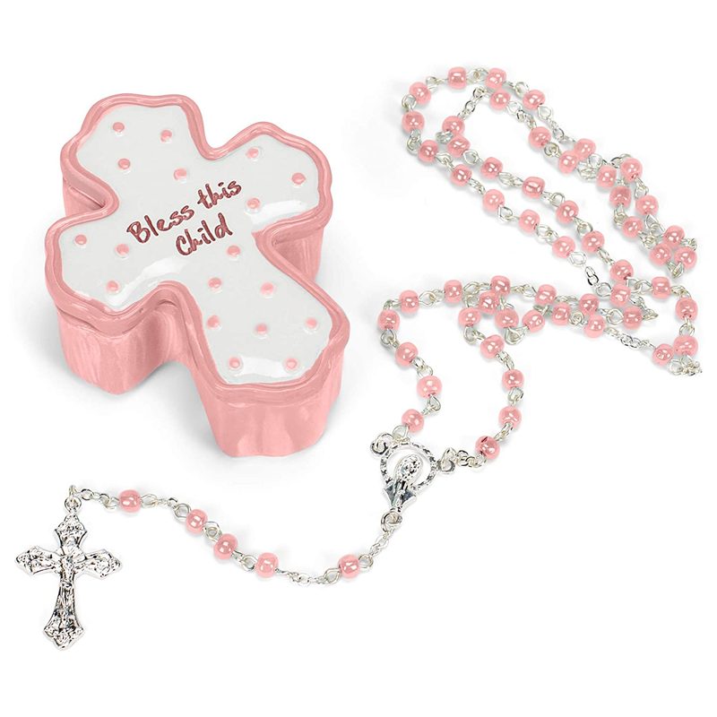 Bless This Child 1 inch Resin Decorative Keepsake Box and Rosary - Blue