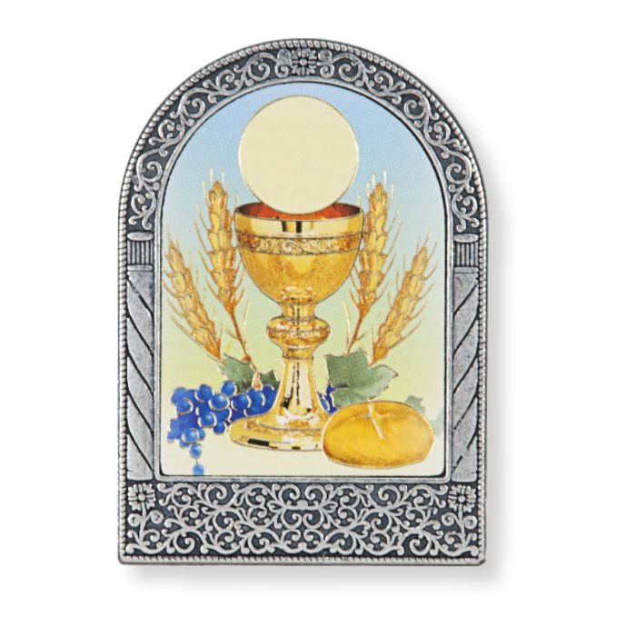 x 2 Antique Silver Standing Metal Arch Frame with Gold Embossed Communion Image