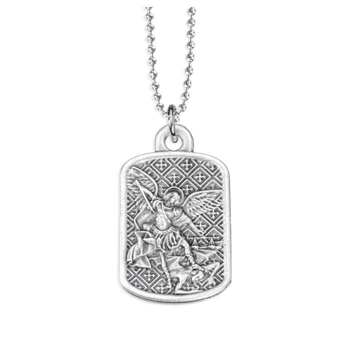 1 Saint Michael Silver Oxidized Rectangle Medal on a Ball Chain. Boxed