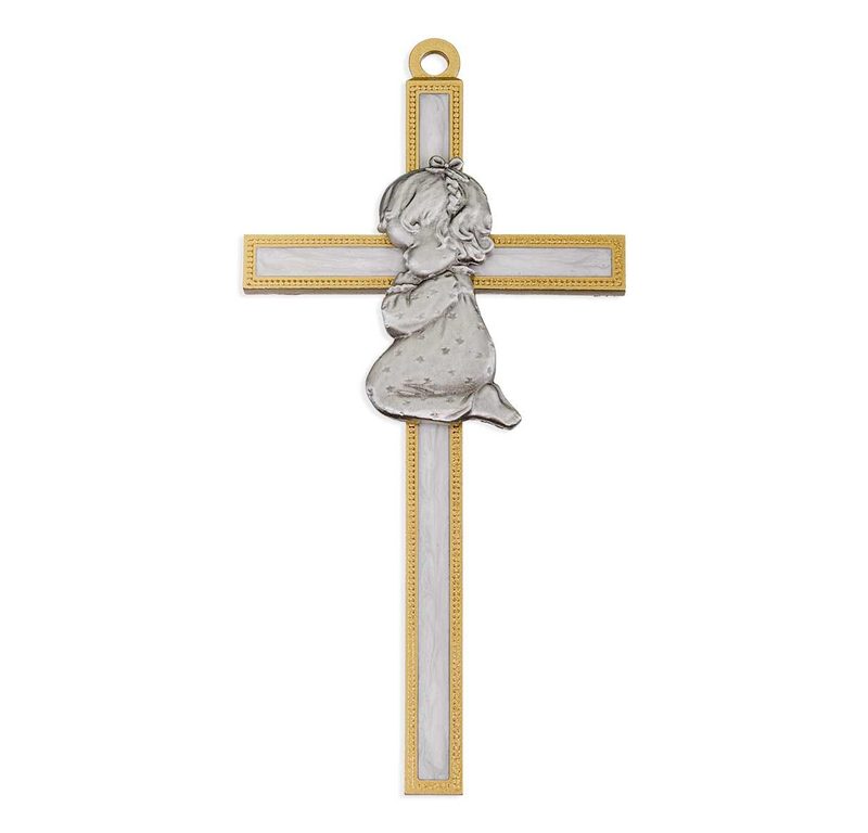 Girl Figure in Genuine Lead Free Pewter on hite Pearl Epoxy Pewter Cross -Boxed.