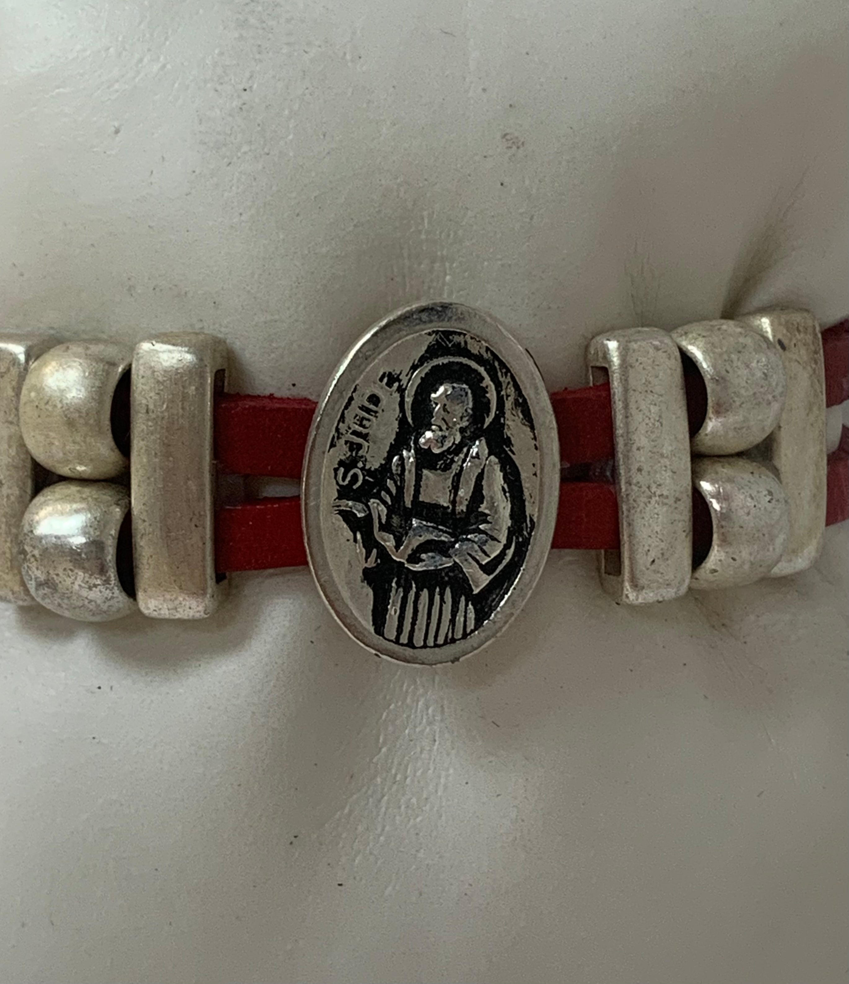 Bracelet of Saint Jude Medal handmade jewelry with Double Leather Straps by Graciela's Collection