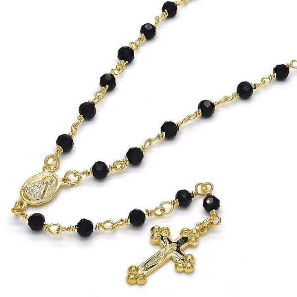 Rosary 18â€ black beads and 18k gold over silvee