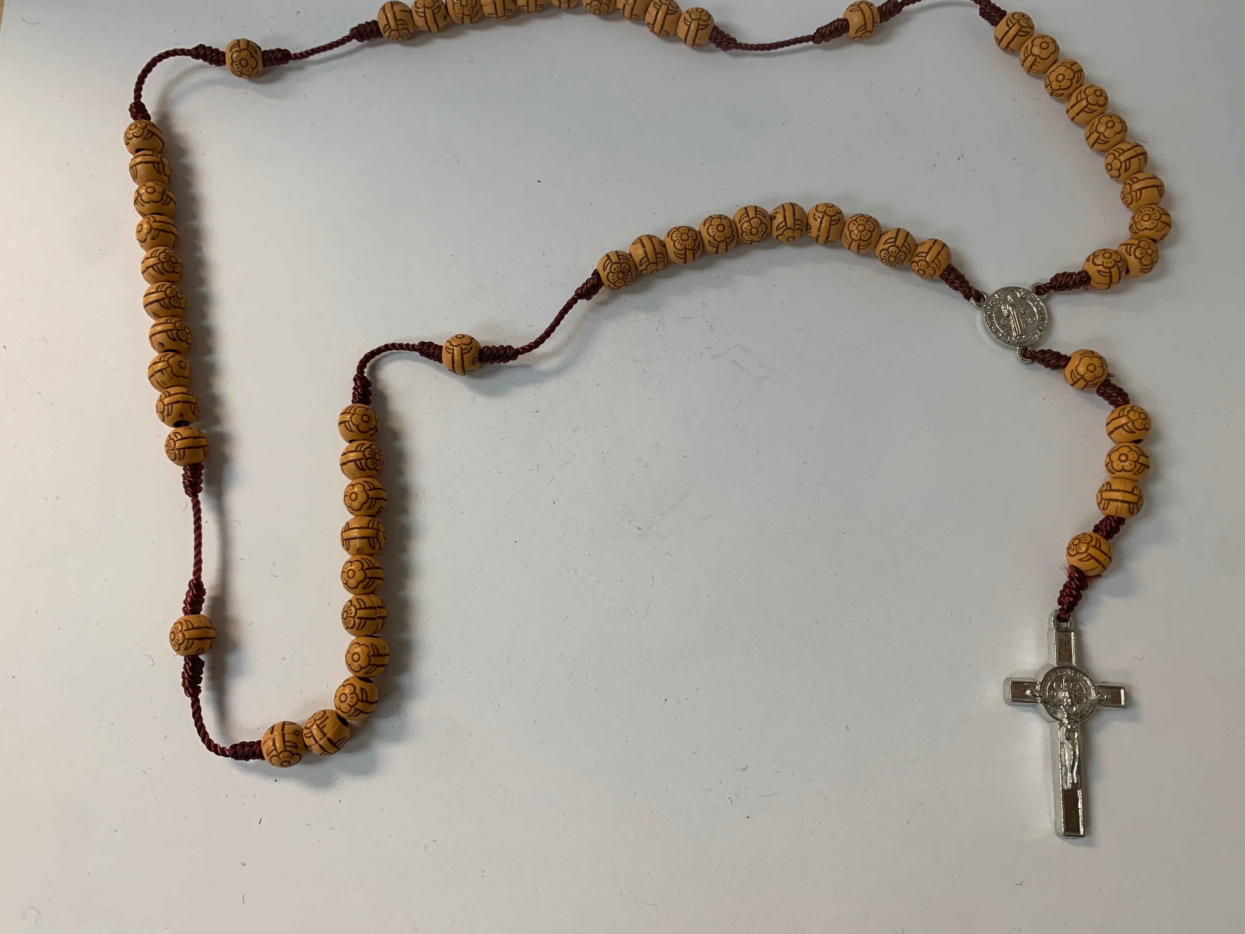 St Benedict flower carved wood beads Rosary